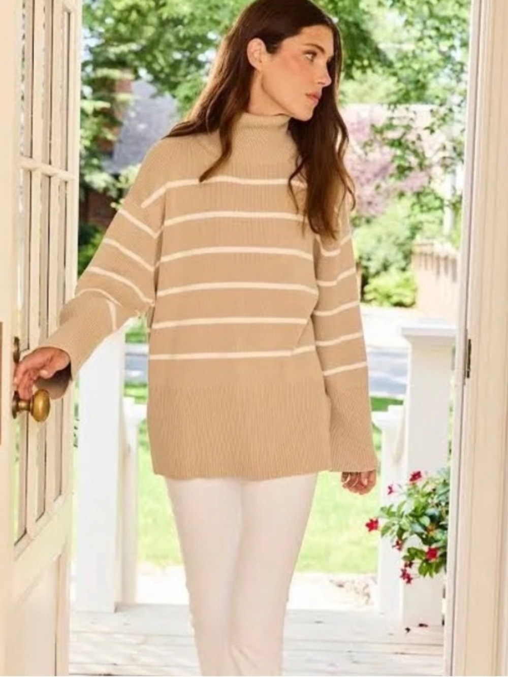 Lake Madeline cotton striped sweater tan white size small